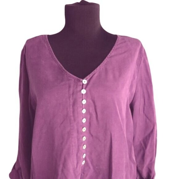 Soft Surroundings Size M Tunic Top Purple Button Front V Neck Roll Tab Sleeves - Picture 2 of 10